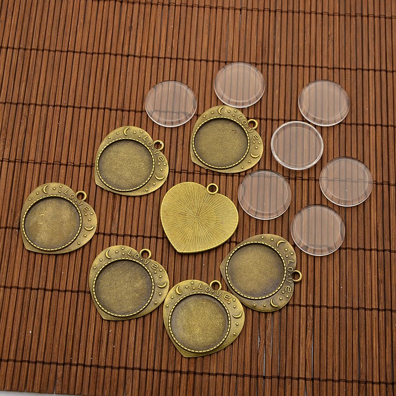 PandaHall 25mm Transparent Glass Cabochons and Valentine's Gifts Ideas Alloy Heart Carved Word Love Pendant Cabochon Bezel Settings, Nickel...