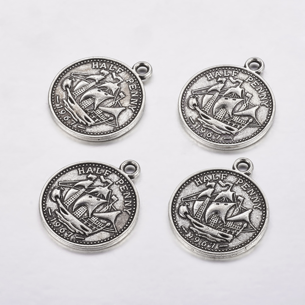 PandaHall Tibetan Style Pendants, Lead Free and Nickel Free, Coin, Antique Silver Color, 23x19x1mm, hole: 1.5mm Alloy Flat Round