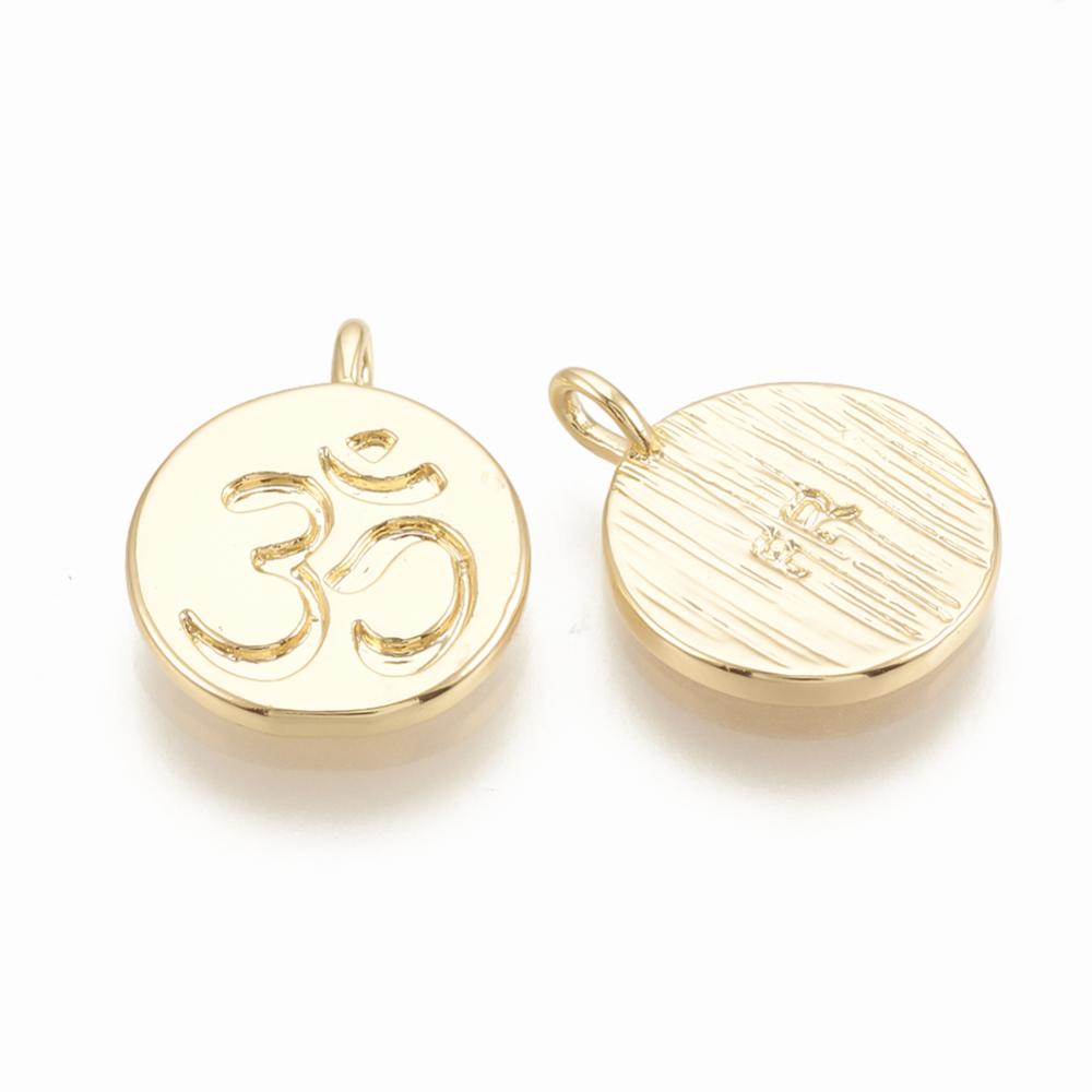 PandaHall Brass Charms, Flat Round with Ohm, Real Gold Plated, 12x9x1mm, Hole: 1mm Brass Flat Round