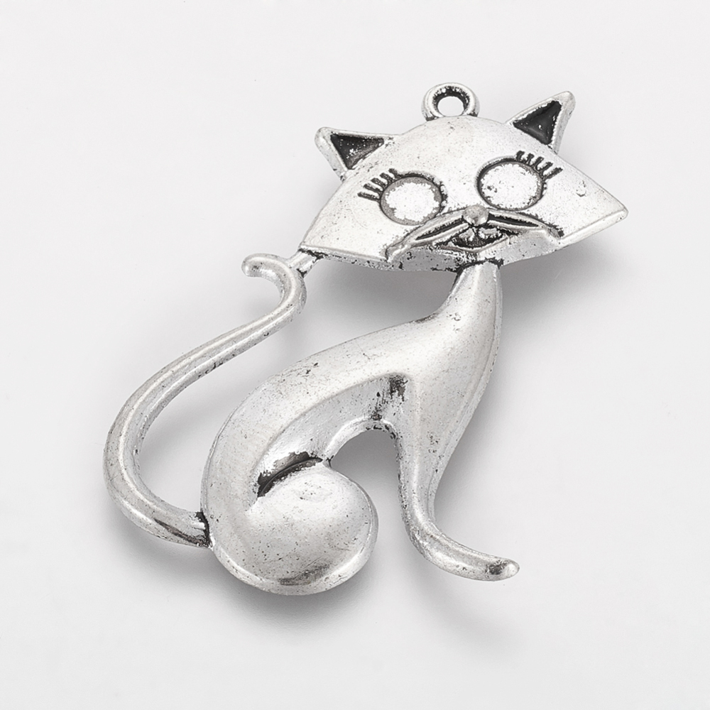 PandaHall Tibetan Style Cat Pendants, Cadmium Free & Nickel Free & Lead Free, Antique Silver, 46x30x5mm, Hole: 2mm Alloy Cat