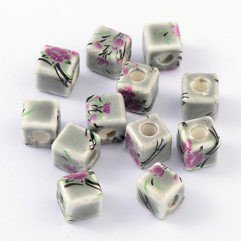 PandaHall Handmade Printed Porcelain Beads, Cube, DarkSeaGreen, 10x10x10mm, Hole: 4mm Porcelain Cube Green