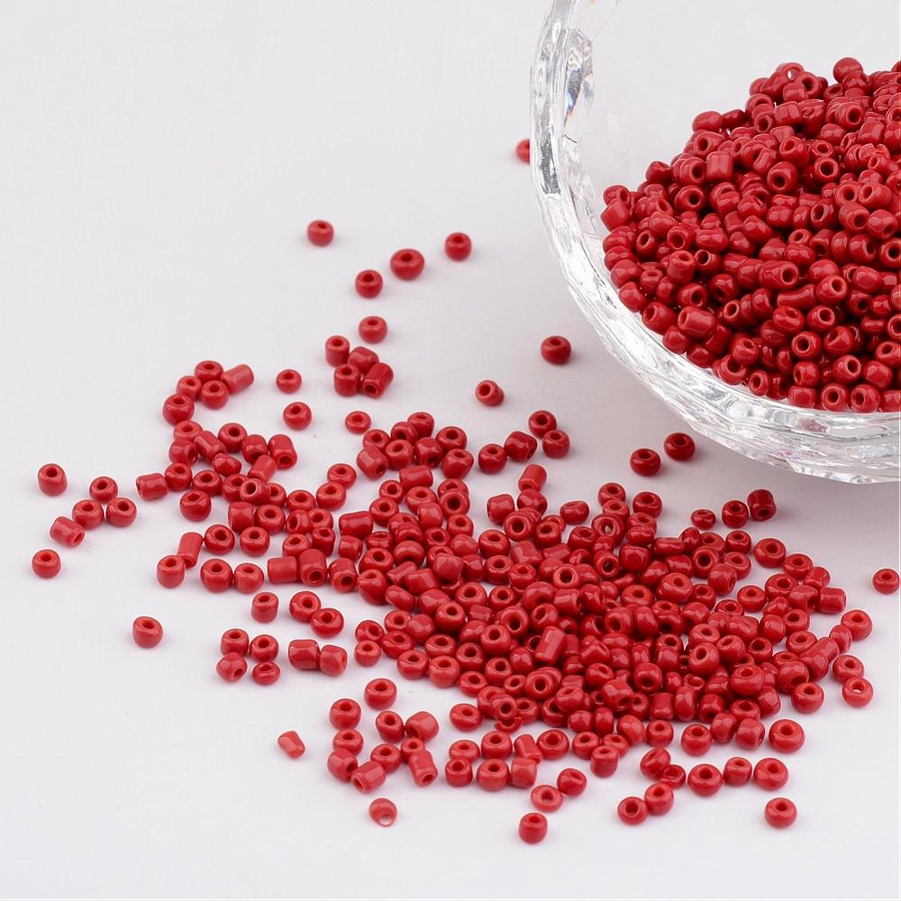 PandaHall 12/0 Opaque Colours Round Glass Seed Beads, Crimson, Size: about 2mm in diameter, hole:1mm, about 3303pcs/50g Glass Pink