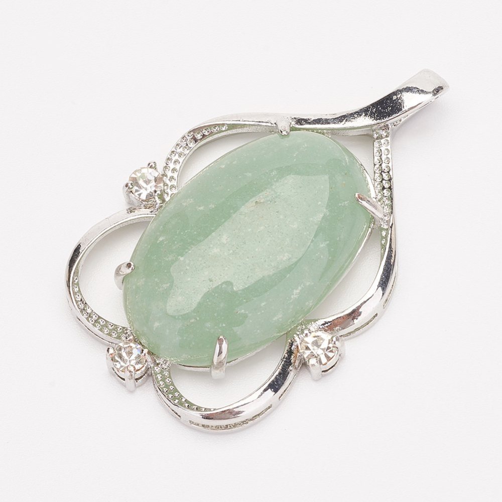 PandaHall Natural Green Aventurine Pendants, Flat Oval, with Brass Findings, Platinum, 48x31x11mm, Hole: 4x6mm Green Aventurine Oval