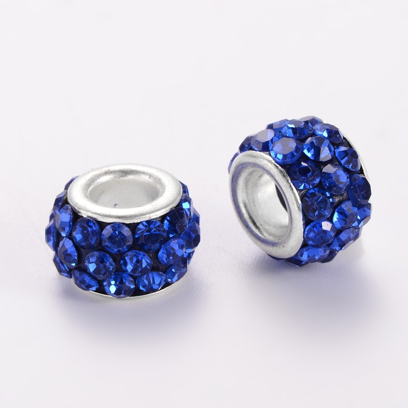 PandaHall Polymer Clay Rhinestone European Beads, Large Hole Rondelle Beads, with Platinum Plated Alloy Cores, Sapphire, 10~12x7mm, Hole...