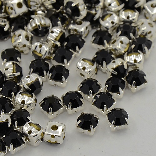 PandaHall Sew on Rhinestone, Grade A Glass Rhinestone, with Brass Prong Settings, Garments Accessories, Silver Metal Color, Jet...