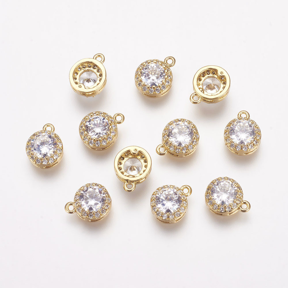 PandaHall Brass Cubic Zirconia Charms, Flat Round, Real Gold Plated, 9x7x4mm, Hole: 1mm Brass+Cubic Zirconia Flat Round