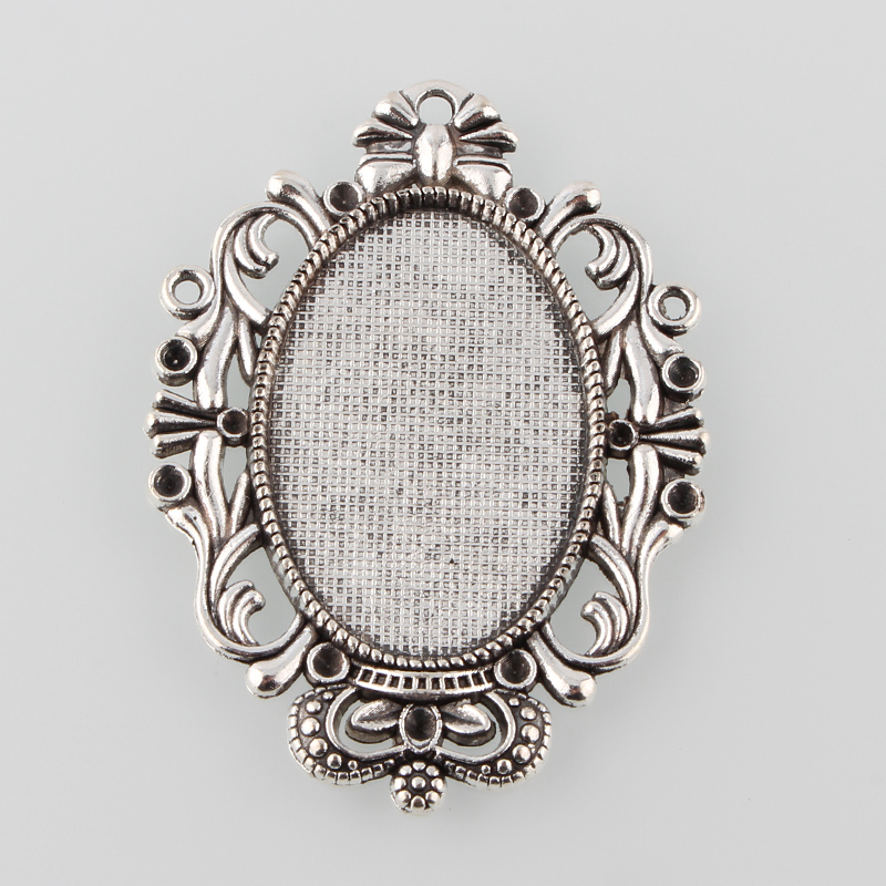 PandaHall Tibetan Style Antique Silver Alloy Flat Oval Pendant Cabochon Settings, Tray: 30x20mm; Fit for 1~2mm Rhinestone; 49x36x2.5mm, Hole...