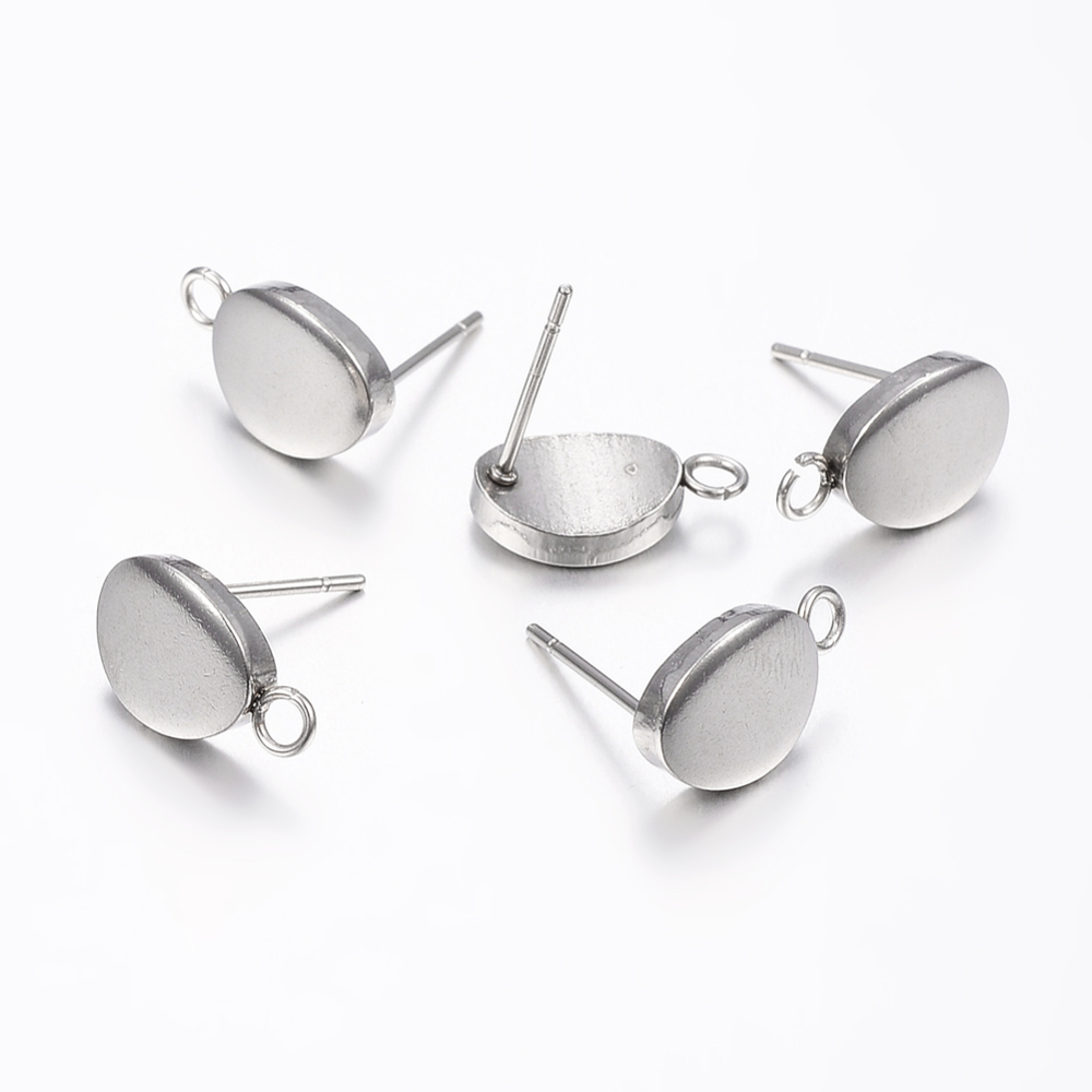 PandaHall 304 Stainless Steel Stud Earring Findings, Egg Shape, Stainless Steel Color, Pin: 0.8mm; 12x7x2mm, Hole: 2mm Stainless Steel