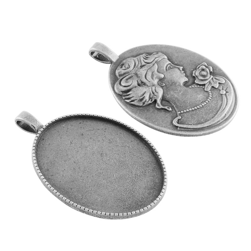 PandaHall Tibetan Style Alloy Oval with Lady Head Portrait Pendant Cabochon Settings, Lead Free & Cadmium Free & Nickel Free, Antique Silver...