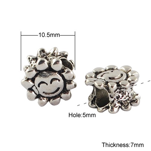 PandaHall Tibetan Style Alloy European Beads, Large Hole Beads, Cadmium Free & Nickel Free & Lead Free, Sun, Antique Silver, 10.5x7mm, Hole...