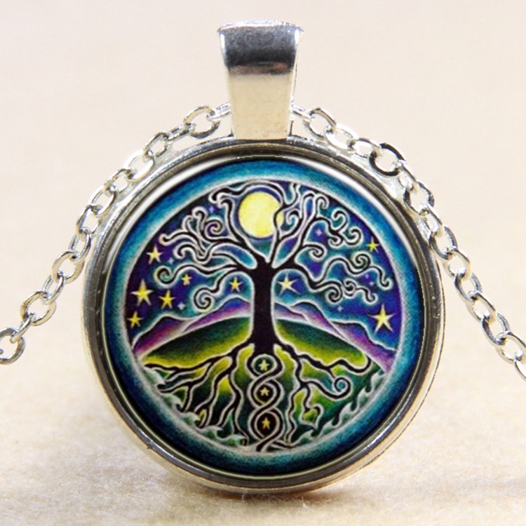 PandaHall Flat Round with Tree Under The Sky of Star & Moon Glass Alloy Pendant Necklaces, Silver, 17.7" Glass