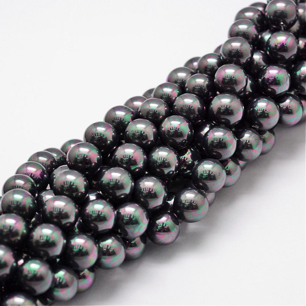 PandaHall Shell Pearl Bead Strands, Rainbow Plated, Grade A, Round, Black, 8mm, Hole: 1mm; about 51pcs/strand, 16" Shell Pearl Round Black