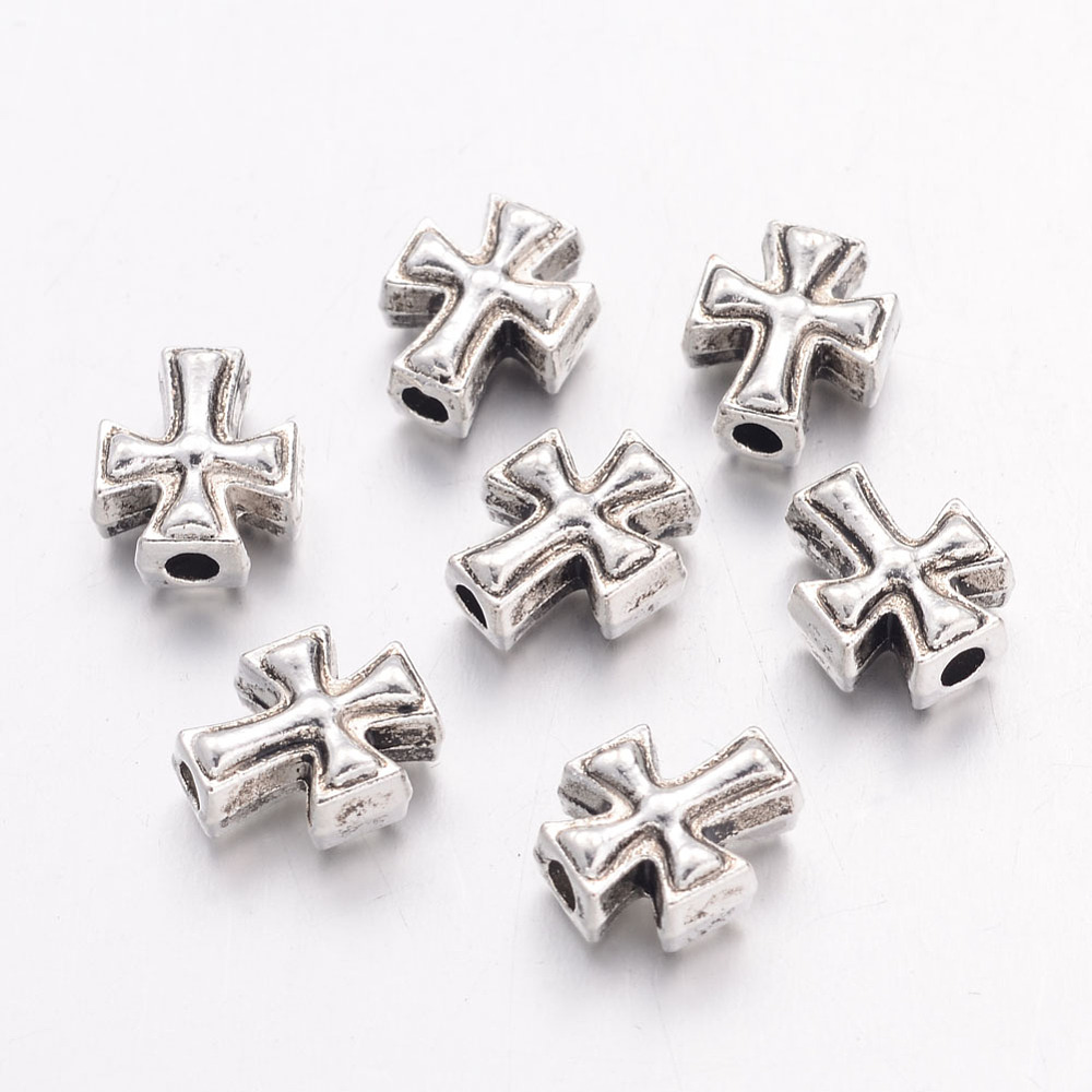 PandaHall Tibetan Style Alloy Beads, Cross, Cadmium Free & Lead Free, Antique Silver, 10x8x4.2mm, Hole: 2mm Alloy Cross