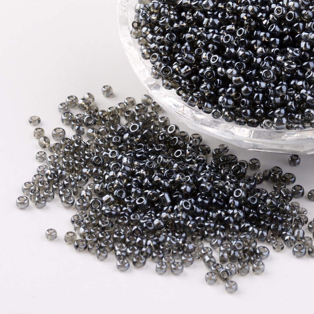 PandaHall Round Glass Seed Beads, Trans. Colours Lustered, Gray, Size: about 2mm in diameter, hole: 1mm; about 3306pcs/50g Glass Gray