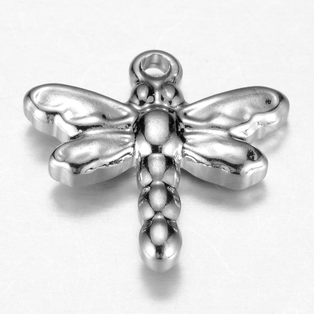 PandaHall 304 Stainless Steel Charms, Dragonfly, Stainless Steel Color, 15x16x3.5mm, Hole: 1mm Stainless Steel Dragonfly