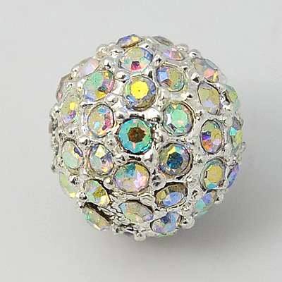 PandaHall Alloy Rhinestone Beads, Grade A, Round, Silver Metal Color, Crystal AB, 10mm, Hole: 2mm Alloy+Rhinestone Round