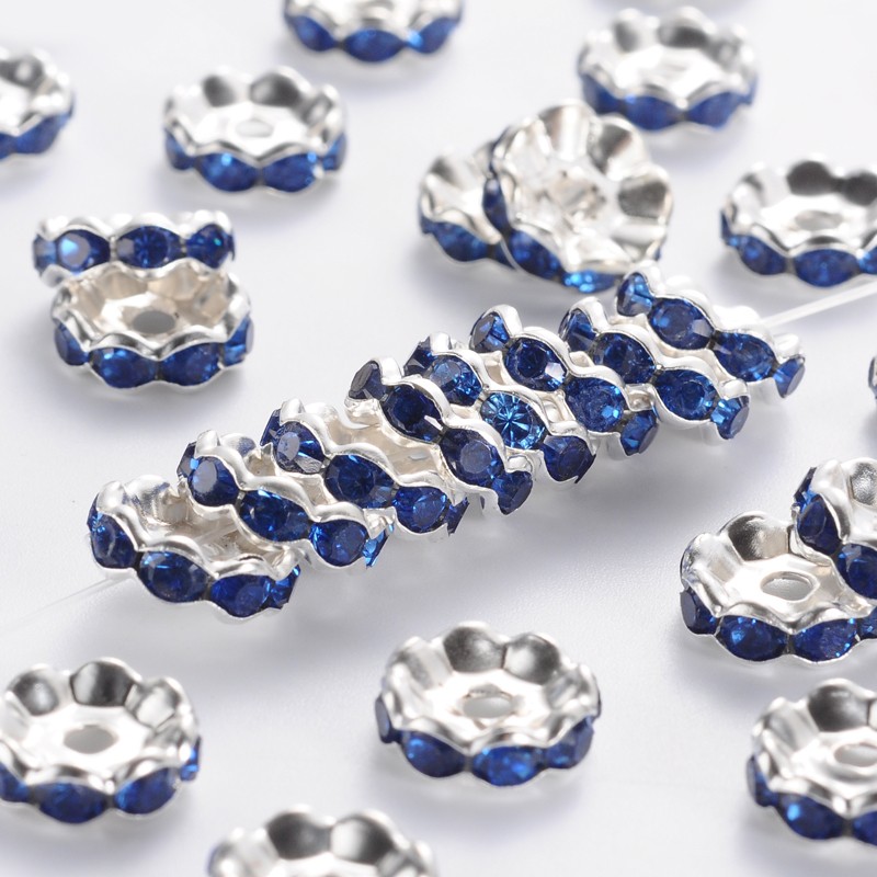 PandaHall Silver Plated Flat Round Brass Acrylic Rhinestone Spacer Beads, Wavy Edge, Blue, 10x4mm, Hole: 2mm Brass+Acrylic Rhinestone Flat...