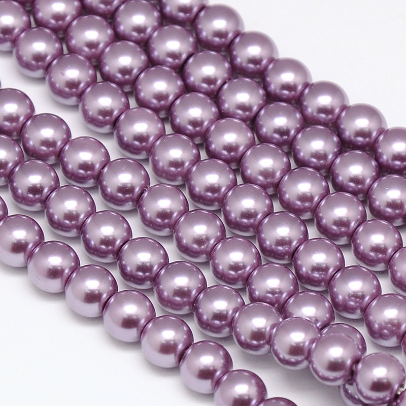 PandaHall Environmental Dyed Glass Pearl Round Bead Strands, Cotton Cord Threaded, MediumPurple, 8mm, Hole: 0.7~1.1mm; about 52pcs/strand...