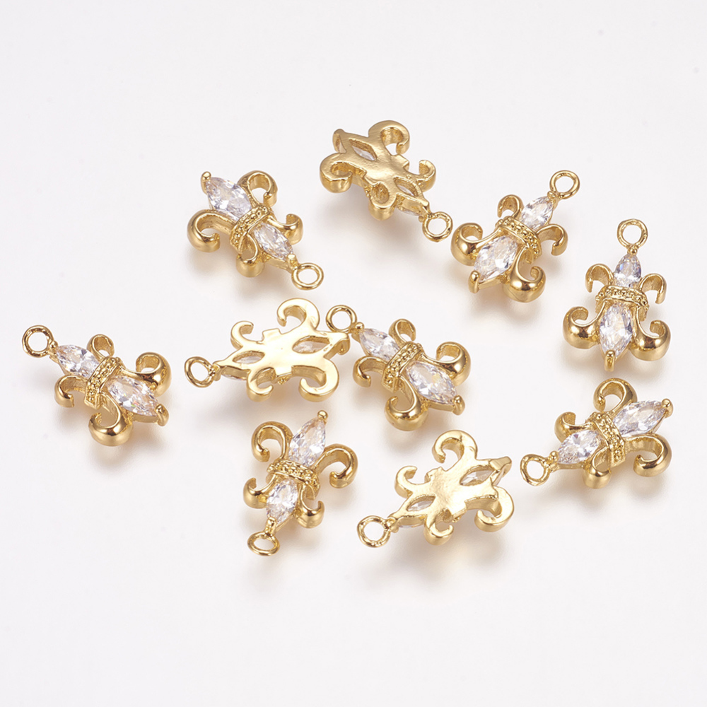PandaHall Brass Cubic Zirconia Charms, Fleur-de-lis, Real Gold Plated, 16x10x3.5mm, Hole: 1.5mm Brass+Cubic Zirconia Flower