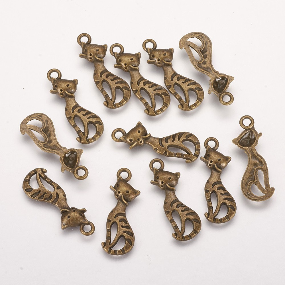 PandaHall Alloy Pendants, Lead Free & Nickel Free, Cat, Antique Bronze, 25x9x2mm, Hole: 2mm Alloy Cat