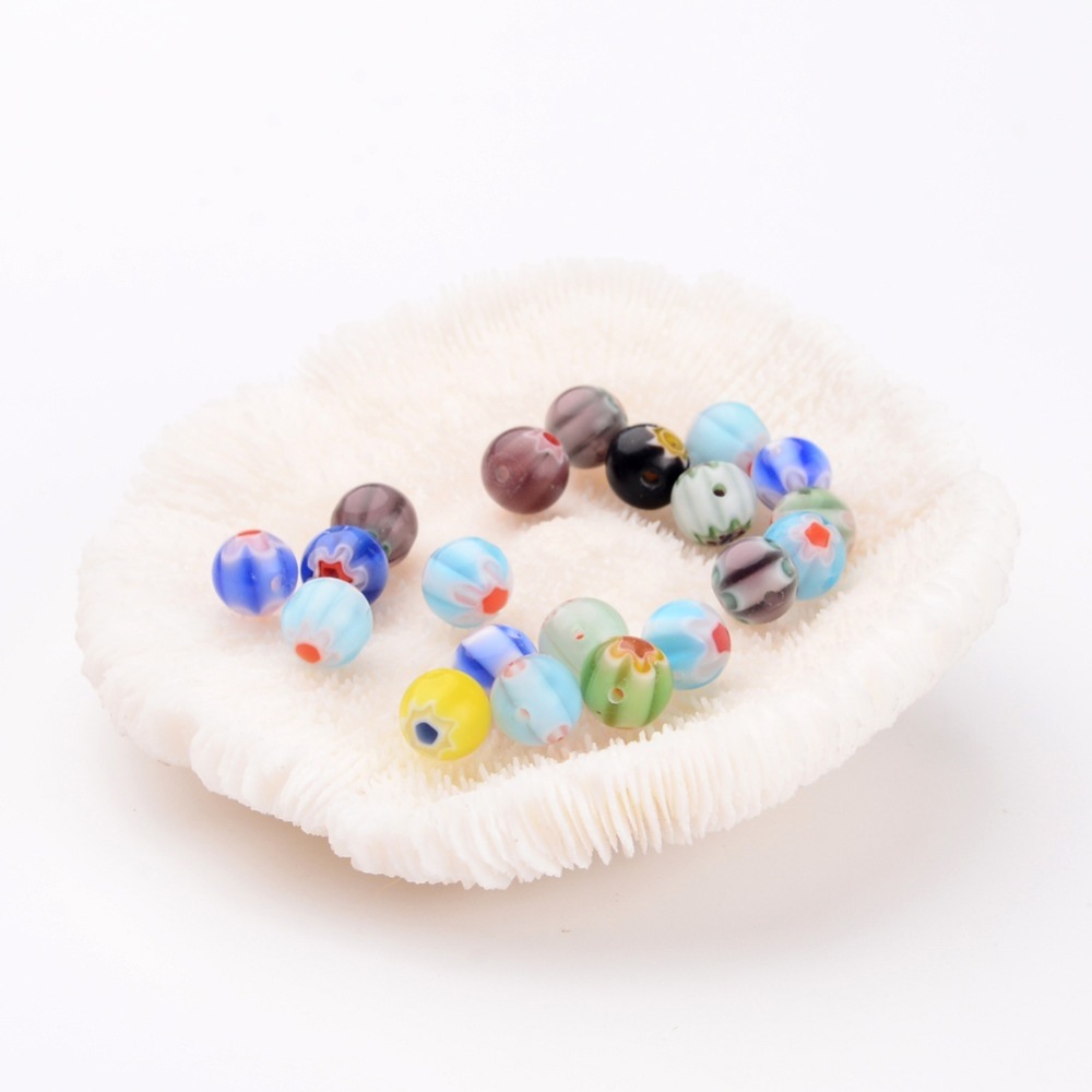 PandaHall Round Millefiori Glass Beads Strands, Mixed Color, 8mm, Hole: 1mm Millefiori Lampwork Round Multicolor