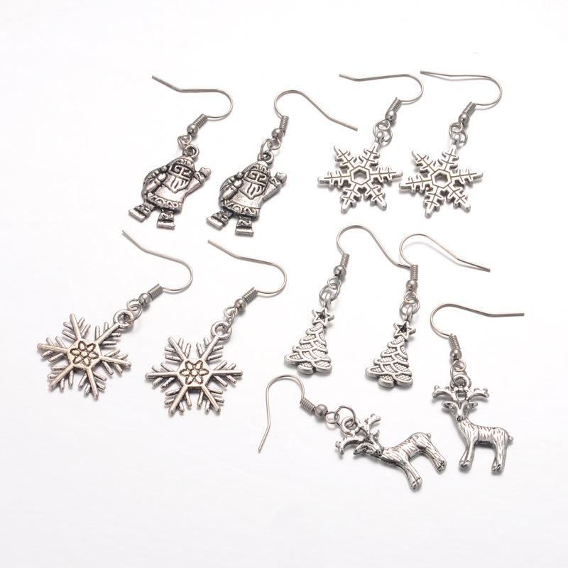 PandaHall Christmas Theme Tibetan Style Alloy Dangle Earrings, with Brass Earring Hooks, Antique Silver, 41~46mm, Pin: 0.6mm Alloy