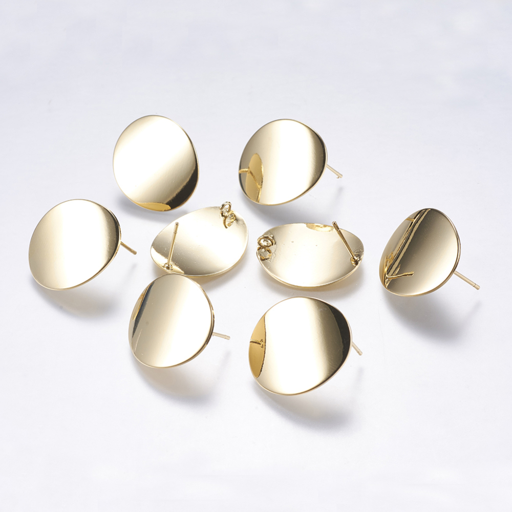 PandaHall Brass Stud Earring Findings, Oval, Real Gold Plated, 22.5x19x1mm, Hole: 2mm; Pin: 0.5mm Brass