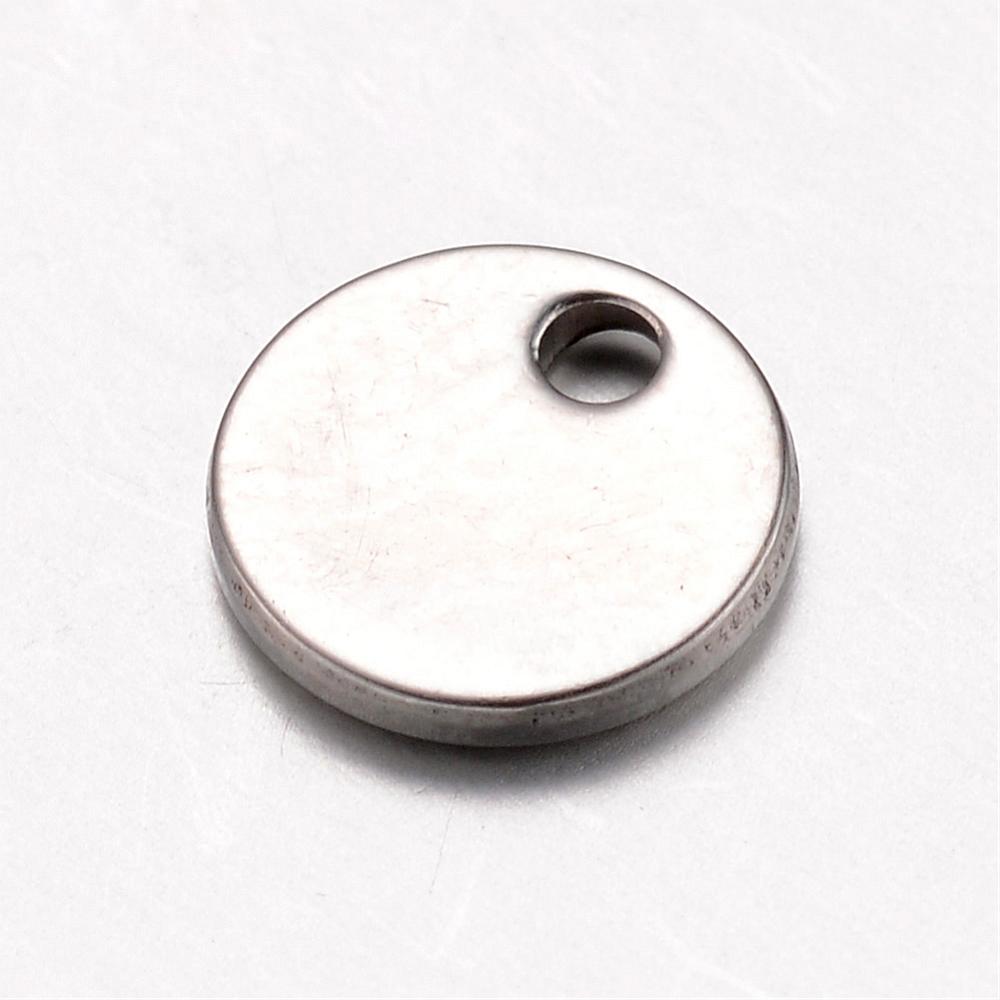 PandaHall 304 Stainless Steel Charms, Flat Round, Tag Charm, Stainless Steel Color, 7x1mm, Hole: 1mm Stainless Steel Flat Round