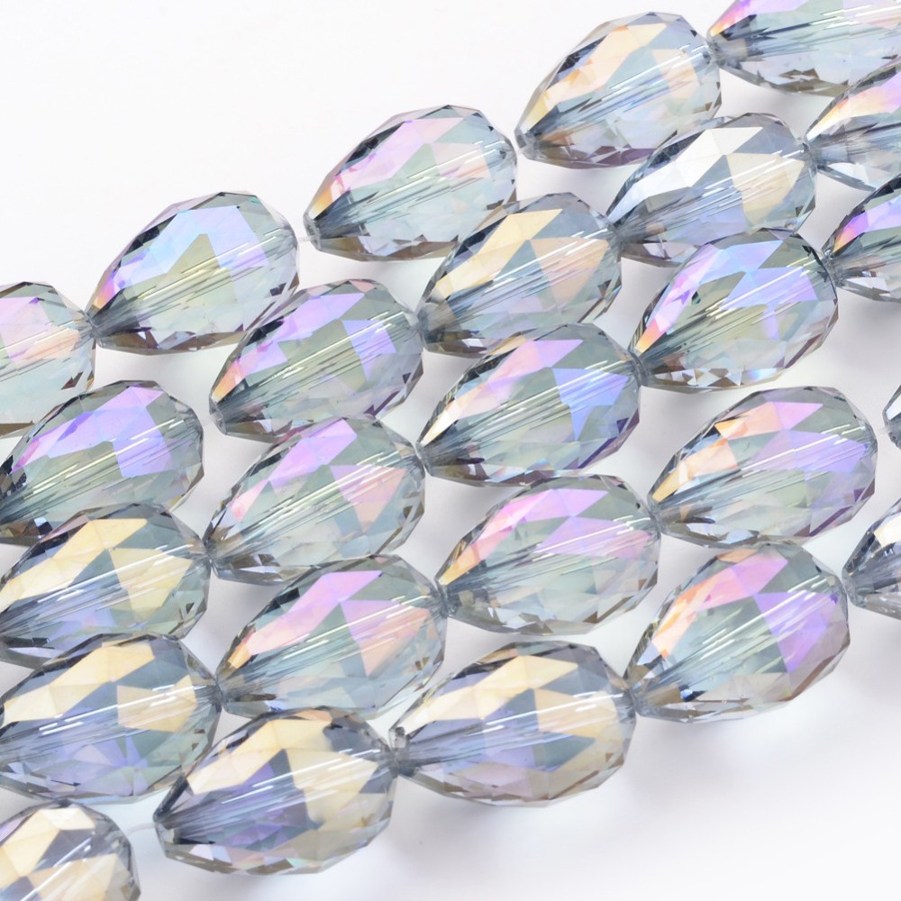 PandaHall Electroplate Glass Bead Strands, Full Rainbow Plated, Faceted, Drop, Lilac, 25x18mm, Hole: 2mm; 8pcs/strand, 8"(21cm) Glass Drop...