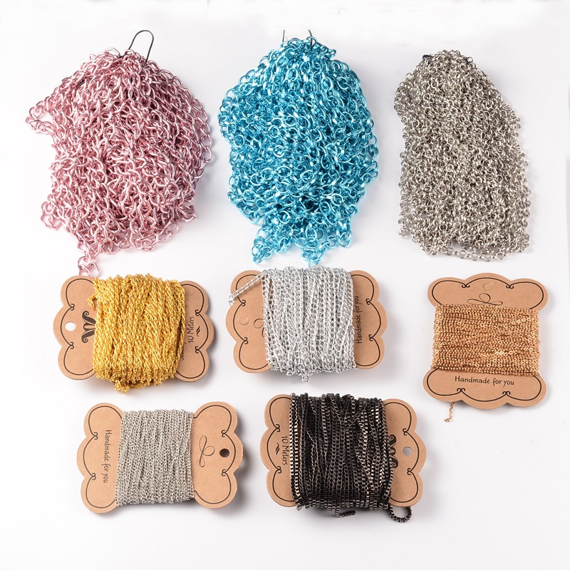 PandaHall Aluminum Chains and Iron Chains, Mixed Color, 2~9mm; 10m/bundle Mixed Material Multicolor