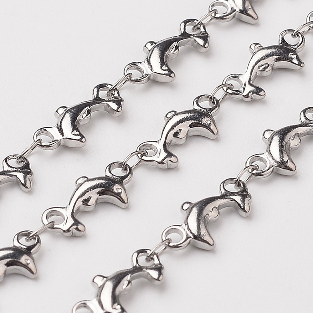 PandaHall 304 Stainless Steel Link Chains, Decorative Chain, with Dolphin Connector, Stainless Steel Color, 12x6x2mm Stainless Steel