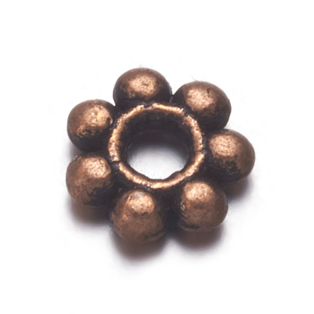 PandaHall Tibetan Style Spacers, Lead Free & Cadmium Free, Flower, Red Copper Color, Size: about 4mm in diameter, 1mm thick, hole: 1mm Alloy...