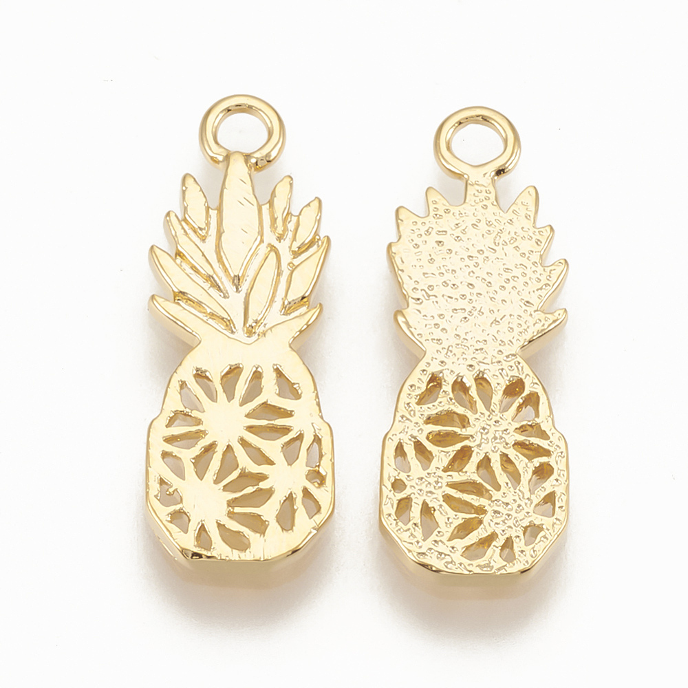 PandaHall Brass Pendants, Pineapple, Real Gold Plated, 18x6.5x1mm, Hole: 1mm Brass Fruit