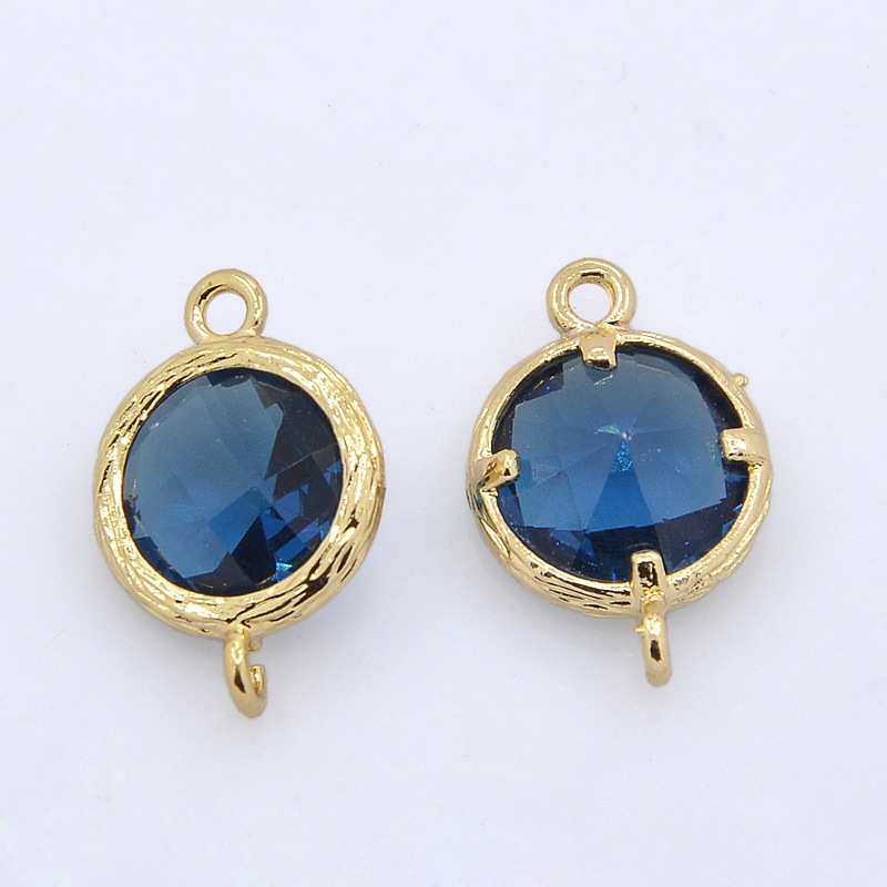 PandaHall Golden Tone Brass Glass Links, Faceted Flat Round, MarineBlue, 18x12x6mm, Hole: 1.5mm Glass Flat Round Blue