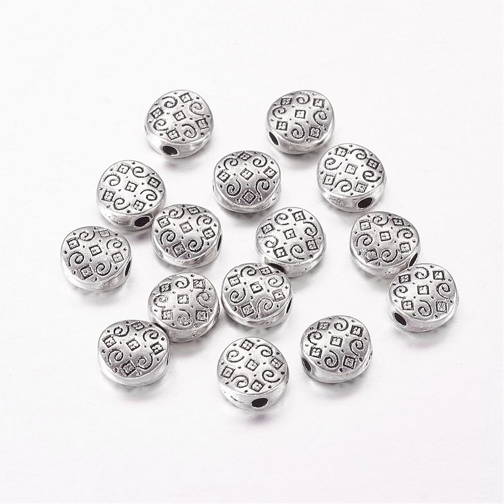 PandaHall Tibetan Style Beads, Flat Round, Lead Free & Nickel Free & Cadmium Free, Antique Silver, about 7mm long, 7mm wide, 3mm thick, hole...