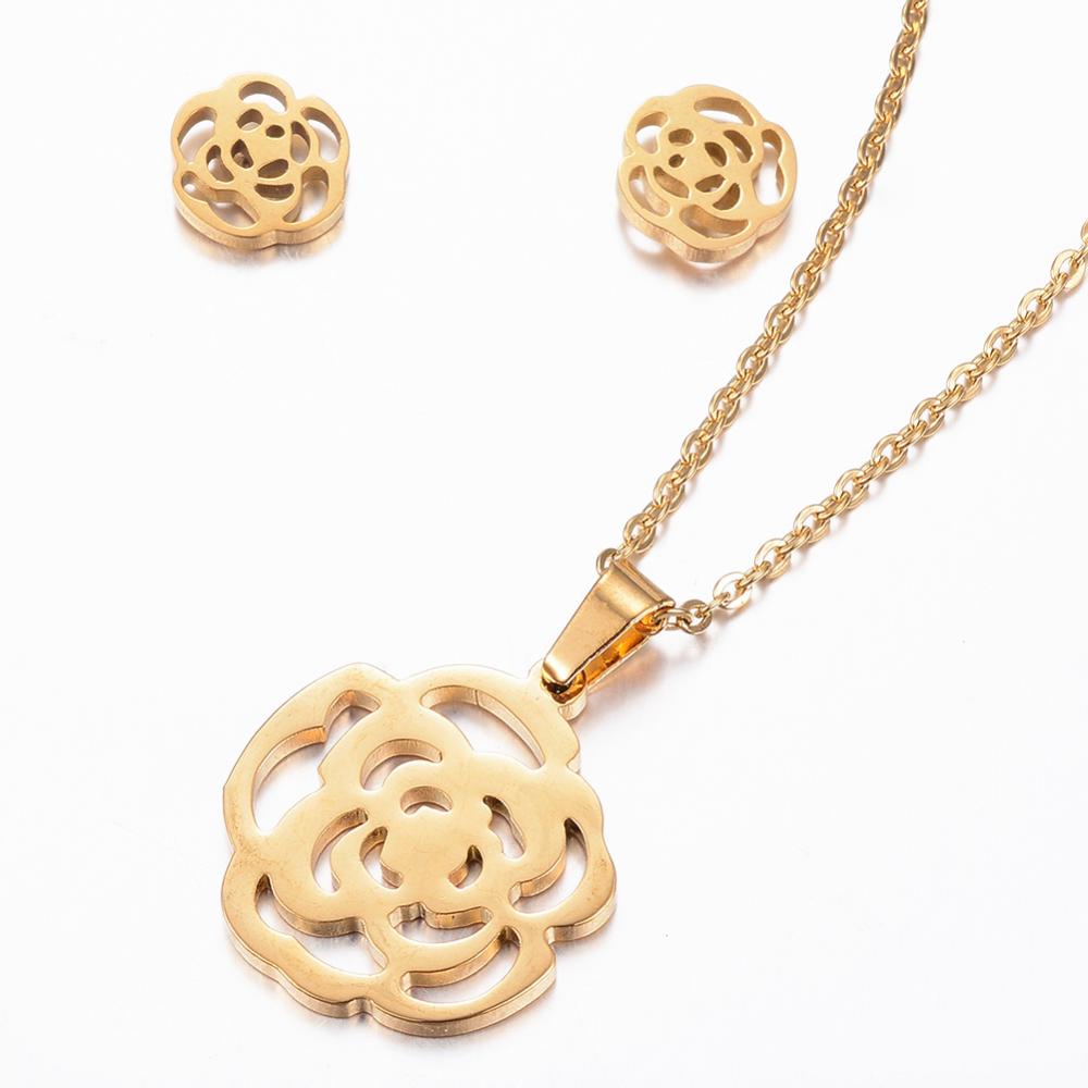 PandaHall 304 Stainless Steel Jewelry Sets, Stud Earrings and Pendant Necklaces, Flower, Golden, 17.72"(45cm); 9x8x1.2mm, Pin: 0.8mm...
