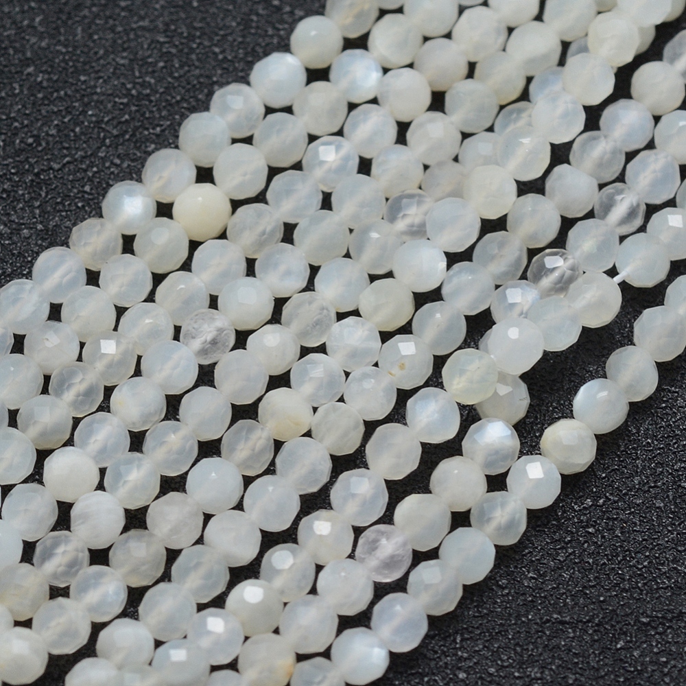 PandaHall Natural Moonstone Beads Strands, Faceted, Round, White, 4mm, Hole: 1mm; about 105pcs/strand, 15.35"(39cm) Moonstone Round White