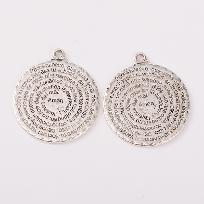 PandaHall Tibetan Style Pendants, Lead Free & Cadmium Free & Nickel Free, Flat Round with the Lord's Prayer for Catholicism, Antique Silver...