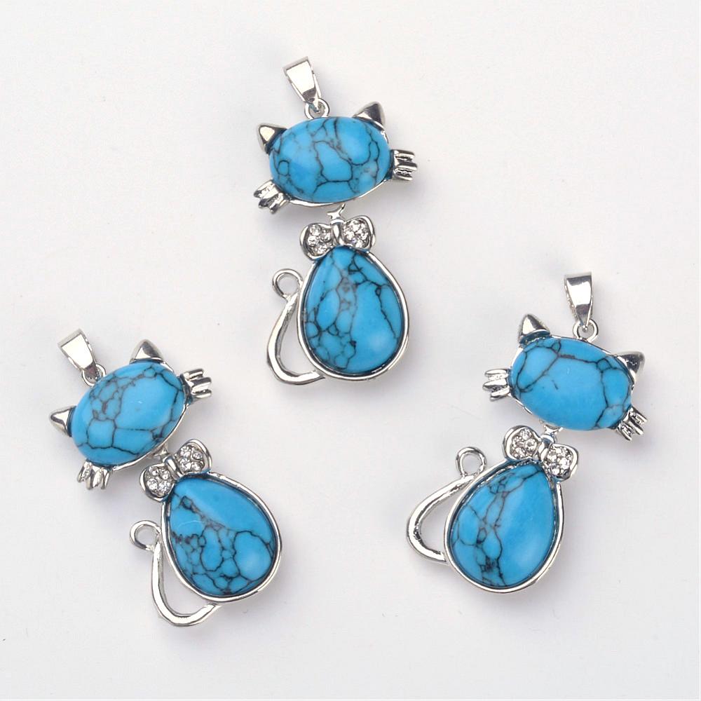PandaHall Synthetic Turquoise Pendants, Cat, with Brass Findings and Rhinestones, Platinum, 44x25.5x10mm, Hole: 4x7.5mm Synthetic Turquoise...