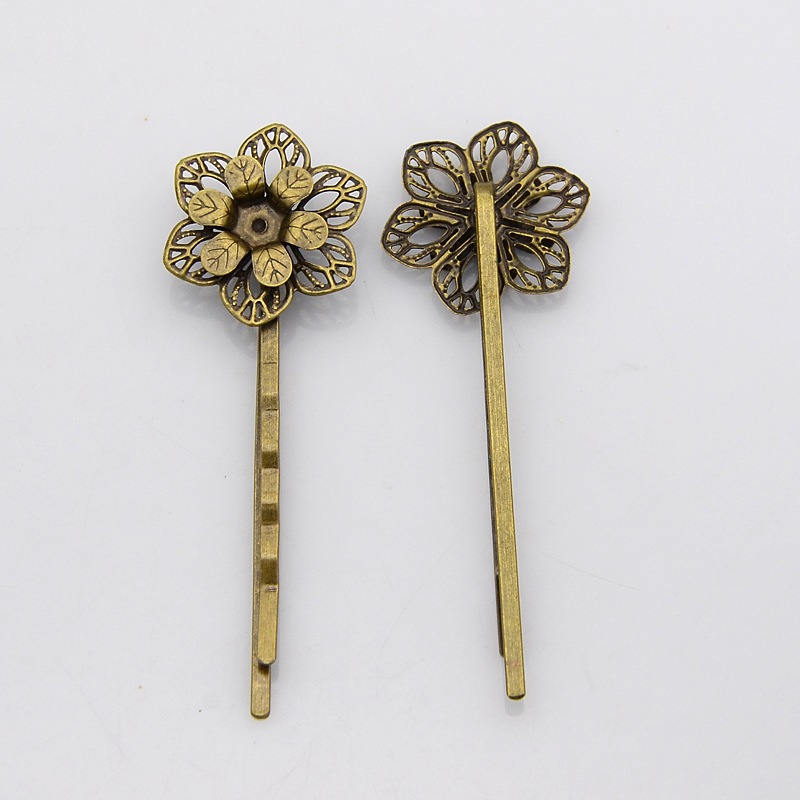 PandaHall Vintage Iron Hair Bobby Pin Findings, with Filigree Flower Cabochon Bezel Settings, Nickel Free, Antique Bronze, Flower: 23x20mm;...