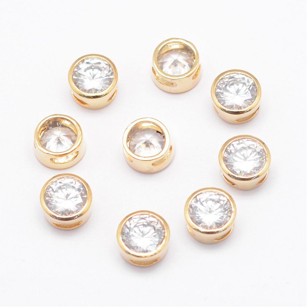 PandaHall Real Light Gold Plated Brass Cubic Zirconia Flat Round Charms, 8x5mm, Hole: 4x1mm Brass+Cubic Zirconia Flat Round