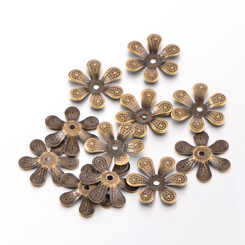 PandaHall Iron Bead Caps, Flower, Nickel Free, Antique Bronze Color, about 16mm in diameter, 2mm thick, hole: 1.5mm Iron