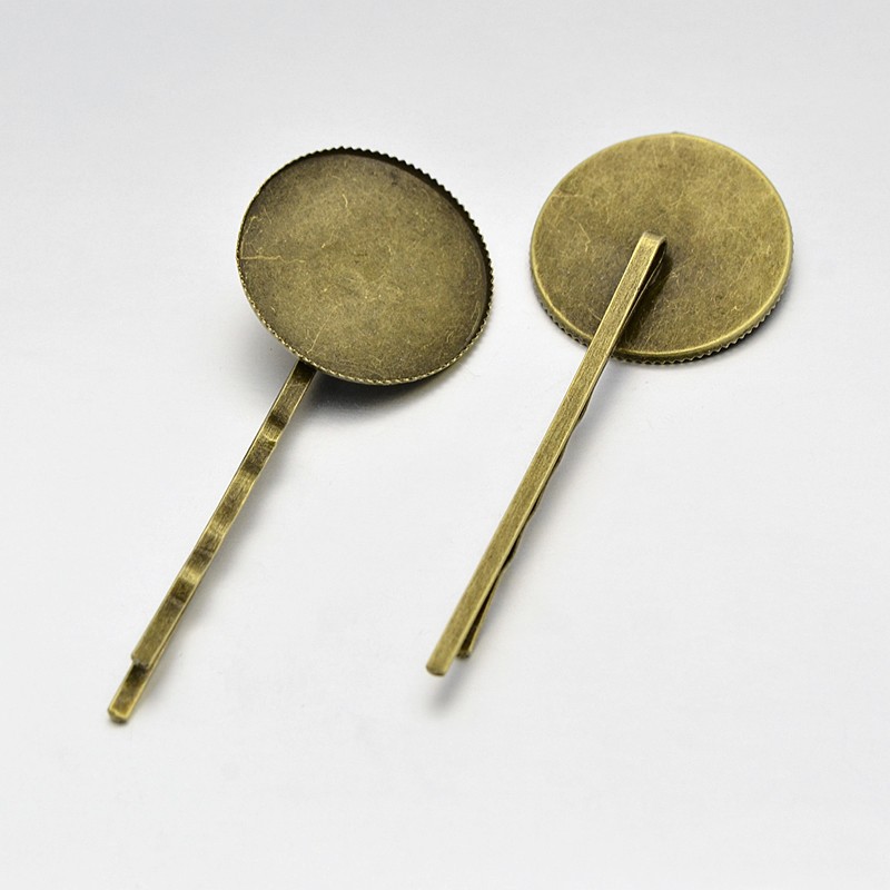 PandaHall Vintage Hair Accessories Iron Hair Bobby Pin Findings, with Brass Flat Round Cabochon Bezel Settings, Nickel Free, Antique Bronze...