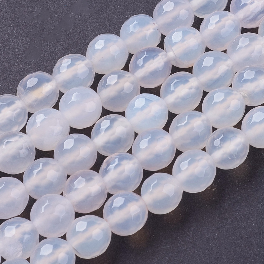 PandaHall Natural White Agate Beads Strands, Faceted, Round, WhiteSmoke, 8mm; Hole: 1mm, about 48pcs/strand, 15" Natural Agate Round White