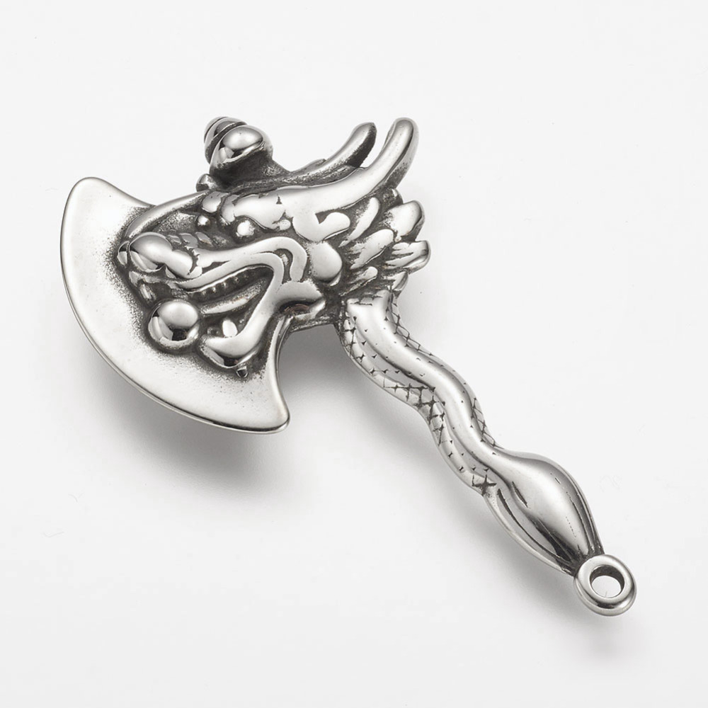 PandaHall 304 Stainless Steel Big Pendants, Axe with Dragon, Antique Silver, 52x32x6mm, Hole: 2mm Stainless Steel Tool