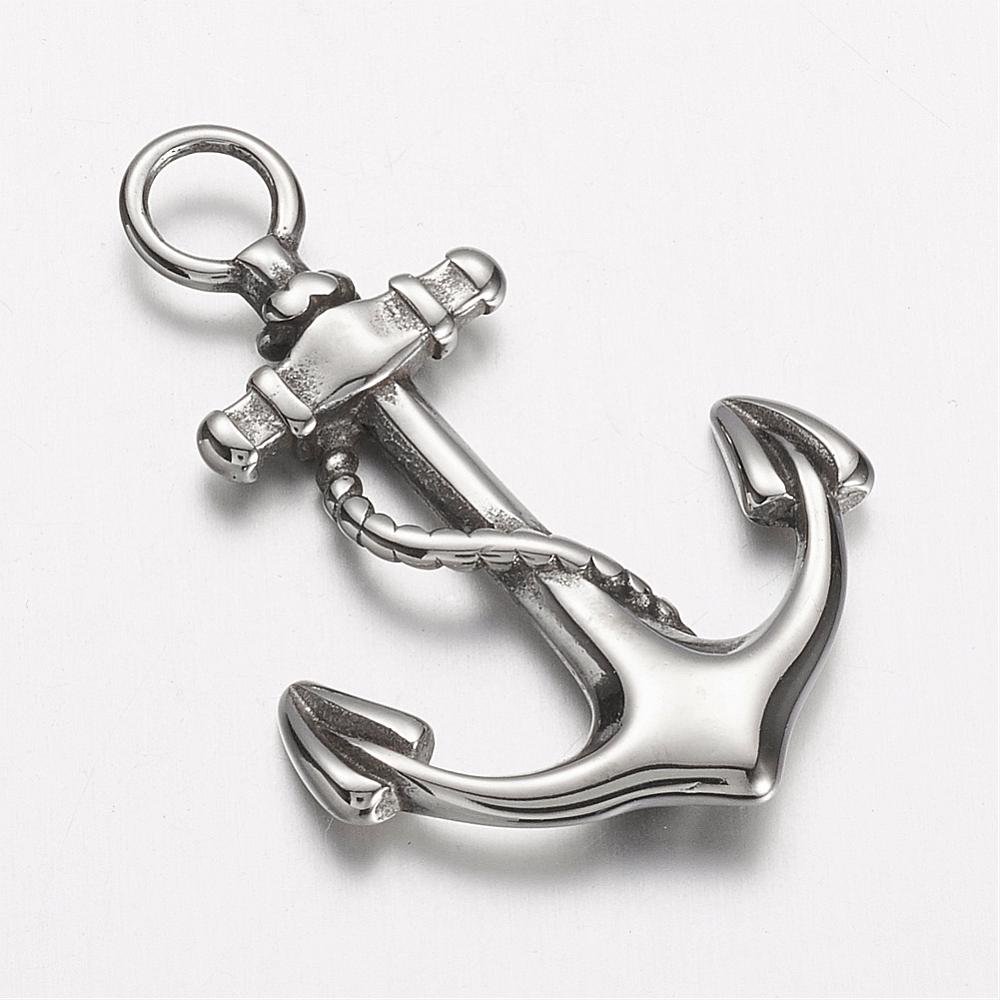 PandaHall 304 Stainless Steel Pendants, Anchor, Stainless Steel Color, 39x27x3mm, Hole: 5mm Stainless Steel Anchor & Helm