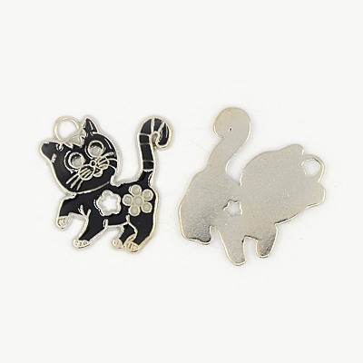 PandaHall Alloy Enamel Pendants with Rhinestone, Cat, Platinum, Black, 25.5mm long, 24mm wide, 2mm thick, hole: 2mm Alloy Rhinestone+Enamel...