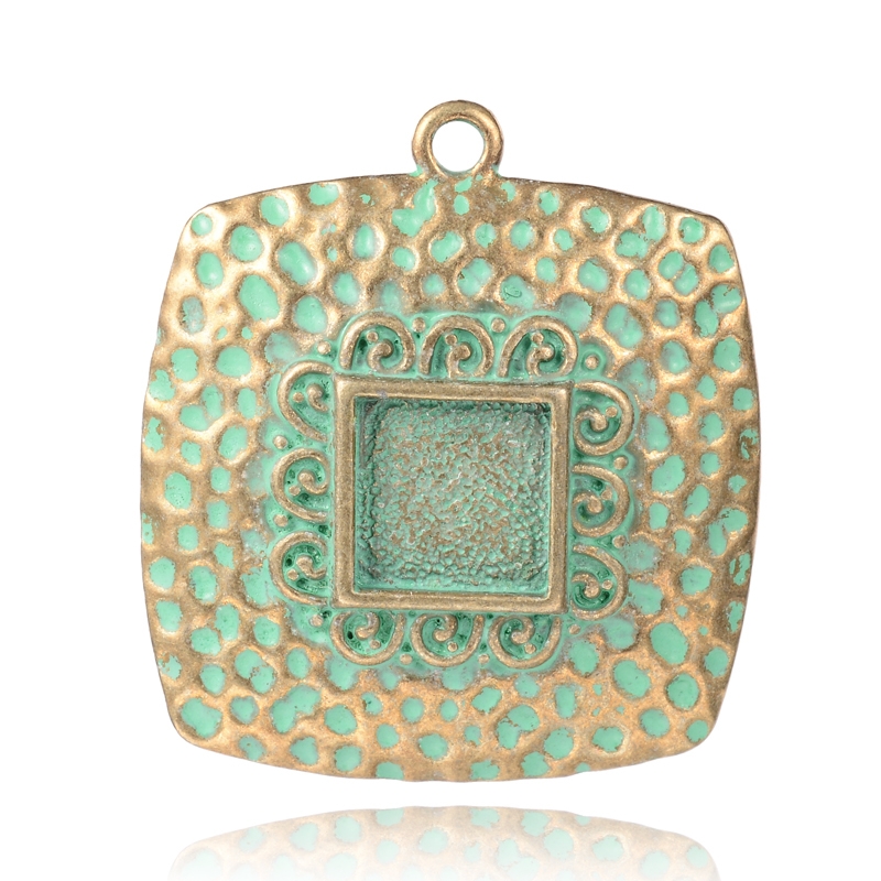 PandaHall Square Alloy Pendant Cabochon Settings, Nickel Free, Antique Bronze & Green Patina, 35x32x6mm, Hole: 2mm; Tray: 10x10mm Alloy...