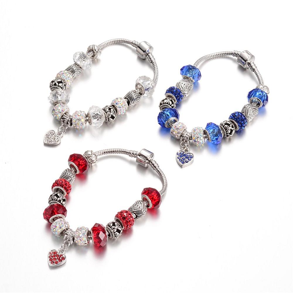 PandaHall Alloy Rhinestone Bead European Bracelets, with Glass Beads and Brass Chain, Mixed Color, 190mm Alloy Multicolor