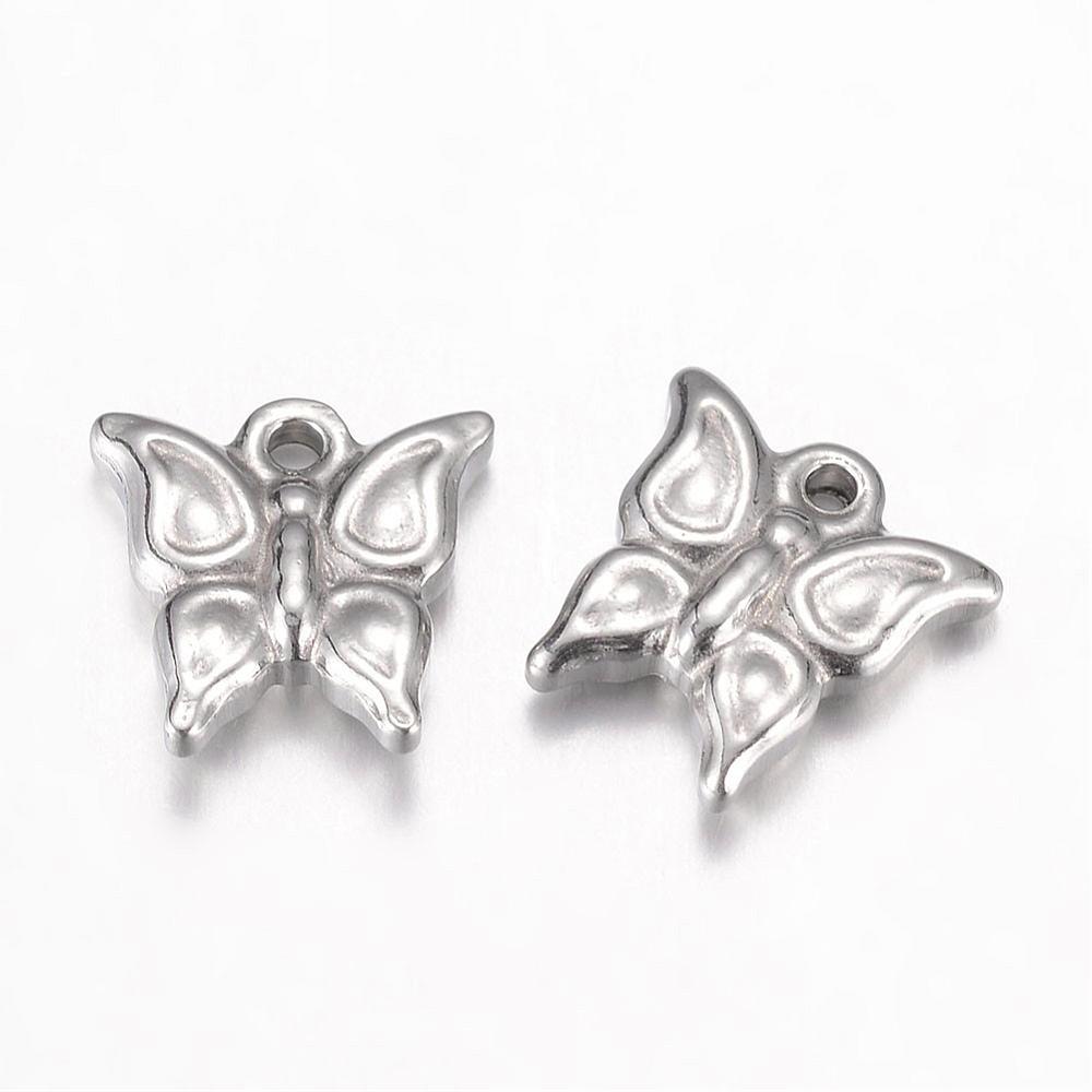 PandaHall 304 Stainless Steel Charms, Butterfly, Stainless Steel Color, 11x11x3.5mm, Hole: 1mm Stainless Steel Butterfly